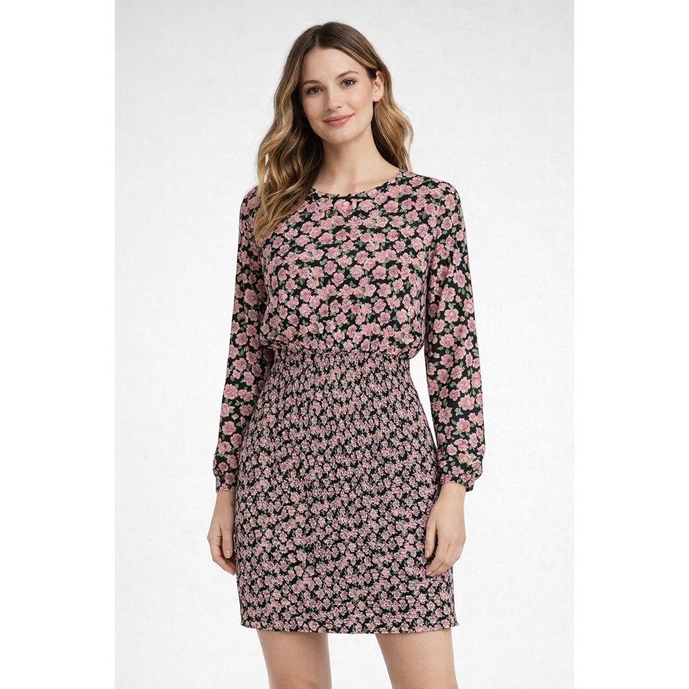 Zara Rose Floral Mini Dress Size L Long Sleeves Smocked Skirt Bodycon Pink Black